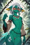 <3 <3_eyes anthro blue_body blue_fur blush breasts clothing collar female flat_chested forest fur genitals hair looking_at_viewer nipples nude penis plant pussy shy solo standing tree tribal white_hair bedtimes dragon furred_dragon hi_res