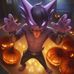 3_toes 4_fingers abs anthro arm_tattoo armband barefoot belt biped black_hair bottomwear claw_pose claws clothed clothing collar eyebrow_piercing facial_piercing feet fingers food fruit glowing glowing_eyes hair halloween high-angle_view holidays jack-o'-lantern looking_at_viewer male open_mouth pants piercing plant pumpkin punk purple_eyes solo spiked_armband spiked_collar spiked_wristwear spikes tattoo telegram telegram_logo text toes tongue tongue_out tongue_piercing topless wristband sergalbutt halloween_2025 nintendo pokemon hunter_(sergalbutt) generation_1_pokemon haunter pokemon_(species) 1:1 director_name signature url