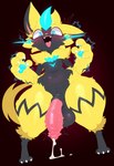 anthro balls black_body blue_eyes bodily_fluids cum fur genital_fluids genitals looking_at_viewer male penis solo yellow_body yellow_fur twinkaton nintendo pokemon felid generation_1_pokemon generation_7_pokemon legendary_pokemon mammal pokemon_(species) zeraora hi_res