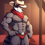 animatronic_male anthro bandanna bara clothing cowboy cowboy_hat five_nights_at_freddy's fur grey_body grey_fur hat headgear headwear kerchief machine male male_focus muscular muscular_male pink_eyes solo solo_focus thong underwear candougie those_nights_at_rachel's ray_(tnar) animatronic mammal procyonid raccoon robot