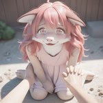 anthro bodily_fluids canid canine clothing crying dress female fluffy fur_(theterm) hair hand_holding hi_res looking_at_viewer mammal orionbonnie pink_clothing pink_dress pink_hair pink_nose pivoted_ears sitting_on_ground smile solo tears tears_of_joy