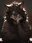 anthro blue_eyes blurred_background blush brown_body brown_clothing brown_fur brown_hair clothing fur grey_body grey_fur hair hand_on_face light looking_at_viewer male solo solo_focus wavy_hair whisker_spots sappy_(director) felid feline mammal hi_res lighting shaded