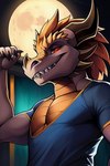 2023 anthro brown_body brown_scales claws clothed clothing colored countershading dragon horn jasonafex kane_(jasonafex) looking_at_viewer male orange_body orange_countershading red_eyes scales scalie seductive shirt smile solo teeth topwear