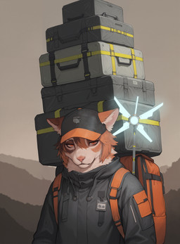 anthro backpack badge box briefcase clothing container fur hair half-closed_eyes hat headgear headwear jacket male mottled multicolored_body multicolored_fur multicolored_hair narrowed_eyes orange_eyes piebald simple_background solo standing topwear cerinil death_stranding calico_cat domestic_cat felid feline felis mammal absurd_res hi_res