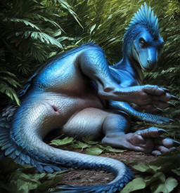 ambiguous_gender animal_genitalia anus blue_body blue_feathers blue_scales butt claws cloaca detailed_background extinct feathers feet female feral genitals grass leaf looking_at_viewer lying nature on_side outside paws plant prehistoric_species presenting presenting_cloaca presenting_hindquarters pupils raised_leg red_eyes scales slit_pupils smile solo tail toe_claws toes twisting white_body balloon_(director) dinosaur feathered_dinosaur feathered_scalie reptile scalie theropod absurd_res detailed digital_media_(artwork) hi_res