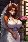 anthro attempted_signature big_breasts blue_eyes bodily_fluids breasts canid canine clothing detailed_background dress female flower fox fur hair hi_res inner_ear_fluff looking_at_viewer mammal official_floof_inspector orange_body orange_fur plant smile solo tears tuft veil wedding_dress