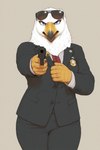 5_fingers badge beak blue_eyes breasts clothed clothing eyewear eyewear_on_head feathers female fingers front_view frown fully_clothed gun handgun holding_gun holding_object holding_weapon looking_at_viewer necktie non-mammal_breasts open_mouth pistol police ranged_weapon simple_background solo suit sunglasses sunglasses_on_head uniform weapon white_body white_feathers otteranon accipitrid accipitriform avian bald_eagle bird eagle sea_eagle hi_res watermark