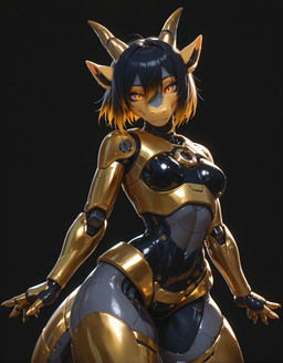 anthro black_hair blonde_hair female hair looking_at_viewer machine metallic_body multicolored_body mythology pupils robot_joints robotic_body slit_pupils smile solo standing tape xorvexai mascot_2025 dragon hybrid mythological_creature mythological_scalie robot scalie absurd_res hi_res