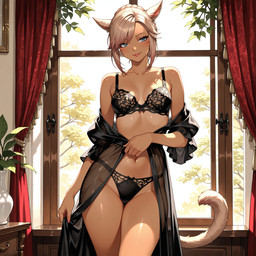 black_clothing bra clothing curtains female gown lingerie looking_aside morning panties smile solo standing underwear undressing window feuxmyriad final_fantasy_xiv animal_humanoid cat_humanoid felid felid_humanoid feline feline_humanoid humanoid mammal mammal_humanoid miqo'te hi_res