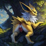 anatomically_correct anatomically_correct_genitalia animal_genitalia animal_pussy anus butt canid canine canine_genitalia canine_pussy director_firewolf eeveelution female feral fur furryrock_(model) generation_1_pokemon genitals grass jolteon looking_at_viewer looking_back looking_back_at_viewer mammal paws plant pokemon_(species) presenting presenting_hindquarters pussy raised_tail solo tree