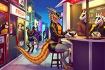 anthro bottomwear candy_fritter clothing digitigrade eating food group hi_res hotpants jacket laughing machine male minishorts multicolored_body noodles outside praxis_(mo-net) public ramen screen screen_face shorts sitting synth_(vader-san) topwear