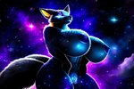 anthro breasts celestial_body celestial_fur dark_body dark_fur facial_tuft female fur genitals macro multi_tail nebula pussy smile solo space white_body white_eyeshadow white_fur metaforce canid canine celestial_being fox mammal