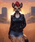 anthro bottomwear breasts city city_background clothing ear_piercing ear_ring female fur grassland green_eyes hotpants jacket leather leather_clothing leather_jacket leather_topwear looking_at_viewer mohawk piercing ring_piercing savanna shorts smile solo spots spotted_body spotted_fur sunrise topwear jackson_maxston_(director) kora_(jackson_maxston) hyaenid mammal hi_res