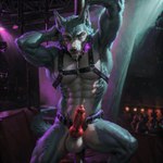 absurd_res animal_genitalia animal_penis anthro askiewarg balls big_balls big_pecs bodily_fluids canid canine canine_genitalia canine_penis canis dancing genital_fluids genitals harness hi_res leaking_precum legoshi_(beastars) male mammal muscular muscular_male nightclub pecs penis pole pole_dancing precum saliva saliva_string scar solo wolf