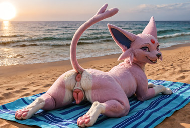 animal_genitalia animal_pussy anus beach big_ears canine_genitalia canine_pussy female feral forked_tail fur genitals looking_at_viewer lying on_front paws pink_body pink_fur pussy raised_tail sea seaside solo sun towel unusual_anatomy unusual_tail water crimson_fenrir_(director) nintendo pokemon eeveelution espeon generation_2_pokemon pokemon_(species) hi_res