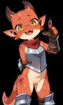 4_fingers amber_eyes anthro armor female fingers genitals happy horn open_mouth orange_body pussy scarf solo standing kobold hi_res