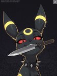 abstract_background black_background black_collar collar ear_piercing face_focus fangs female feral fur glowing glowing_markings grin knife looking_at_viewer markings object_in_mouth piercing red_sclera simple_background smile solo spiked_collar spikes yellow_markings the_yiff_republic nintendo pokemon selena_(the_yiff_republic) eeveelution generation_2_pokemon pokemon_(species) umbreon animated portrait