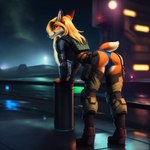 anthro bent_over blonde_hair boots bottomwear butt canid canine clothed clothing dipstick_ears dipstick_tail female footwear fox furryrock_(model) hair korthara mammal markings multicolored_ears panties pants partially_clothed presenting presenting_hindquarters red_fox redfoxthing_idk seductive solo tail_markings underwear