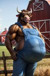 anthro brown_body brown_fur brown_hair clothing denim denim_clothing farm fence fur hair hair_over_eyes horn male oral_vore overalls soft_vore solo vore l649000 bovid bovine cattle mammal hi_res