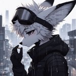 anthro canid canine cigarette clothing fennec fox fur lucifluffy male mammal purple_eyes raining solo techwear white_body white_fur wilek