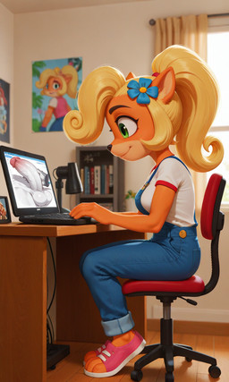 anthro balls breasts chair clothing computer erection female footwear furniture genitals hair laptop long_hair looking_at_porn on_chair penis ponytail pornography sitting sitting_on_chair smile solo anonymous_director activision crash_bandicoot_(series) coco_bandicoot mammal marsupial hi_res