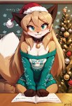 anthro brown_body brown_fur christmas christmas_clothing clothing collar female fur green_clothing green_eyes looking_at_viewer mouth_closed raised_tail solo sweater text topwear yellow_body yellow_fur henriqueplytz averi_(fiddleafox) canid canine fox mammal absurd_res hi_res