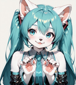 anthro armwear blue_eyes blue_hair blush claws clothing detached_sleeves eyelashes female fur hair long_hair necktie pawpads simple_background smile solo upper_body white_body white_fur vocaloid hatsune_miku_(character) felid feline mammal hi_res