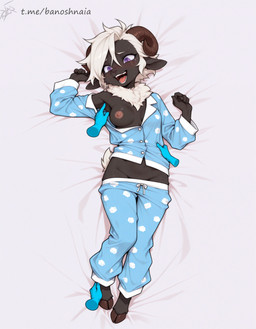 anthro black_body bodily_fluids bottomwear bottomwear_pull bovid_horn breasts caprine_horn clothed clothing clothing_pull crying disembodied_hand exposed_breasts female hair horn lying neck_tuft off_shoulder on_back open_mouth pajamas pants pants_pull purple_eyes ram_horn short_hair sleepwear solo tears tickling tickling_armpits tickling_feet tickling_sides tuft white_hair djar17 bovid caprine mammal sheep absurd_res hi_res