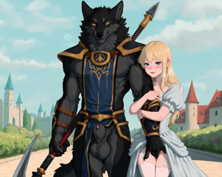 anthro armor blonde_hair blue_eyes blush bodily_fluids castle clothing dress drooling duo female female_on_anthro fingering fingers flower hair human_on_anthro interspecies lace legwear looking_at_viewer male male/female melee_weapon plant saliva size_difference sky stockings walking weapon yellow_eyes unknown_director canid canine canis human mammal wolf animated short_playtime webm