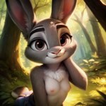 anthro bottomwear breasts chest_tuft clothed clothing ears_up face_focus female forest grass light light_beam looking_at_viewer nipples pants plant sitting small_breasts smile solo sunbeam sunlight topless topless_female tree tuft zootopia blep_(director) judy_hopps lagomorph leporid mammal rabbit hi_res