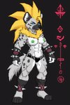 abs anthro blonde_hair blue_eyes bottomwear clothing female footwear fur gloves green_nipples grey_body grey_fur hair handwear markings muscular muscular_female nipples pants shoes solo spikes spots spotted_markings super_saiyan underwear icefoxai trrith_(character) hyaenid mammal hi_res