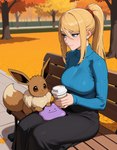 ambiguous_gender bench blonde_hair breasts clothing crossover ditto_(disambiguation) dress female feral fingers fur group hair light_body light_skin long_hair outside park plant ponytail sitting smile tree anonymous_director metroid nintendo pokemon samus_aran eevee generation_1_pokemon goo_creature human mammal pokemon_(species) hi_res