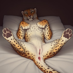 anatomically_correct anatomically_correct_anus anatomically_correct_genitalia anatomically_correct_pussy animal_genitalia animal_pussy anus bed bed_sheet bedding butt chest_tuft claws eyebrows feet feline_genitalia feline_pussy female feral foot_focus fur furniture genitals inner_ear_fluff inside legs_in_air looking_at_viewer lying lying_on_bed multicolored_body on_back on_bed pawpads paws pillow pink_anus pink_nose pink_pussy presenting presenting_anus presenting_hindquarters presenting_pussy pussy raised_eyebrow rear_view solo spots spotted_body spotted_fur spread_legs spreading tail tuft whiskers white_body white_fur yellow_body yellow_eyes yellow_fur knotanotherfurry felid jaguar mammal pantherine absurd_res hi_res