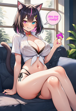 accessory animal_ears bell big_breasts bikini_panties black_bra black_clothing black_hair black_underwear blue_eyes blush bra breasts choker cleavage clothed clothing collar colored_nails condom fangs female furniture hair hair_accessory hairclip heart_choker heterochromia highlights_(coloring) holding_condom holding_object huge_breasts inside jewelry large_breasts light lingerie midriff multicolored_eyes multicolored_hair nails necklace open_clothing open_shirt open_topwear panties pink_eyes pink_hair pink_nails plant sexual_barrier_device shirt short_hair short_sleeves side_tie_panties sitting smile smirk sofa solo speech_bubble suggestive sunlight tail teeth text tied_shirt topwear two_tone_hair under_boob underwear white_clothing white_shirt white_topwear window wrapped_condom nullspark animal_humanoid humanoid mammal english_text hi_res