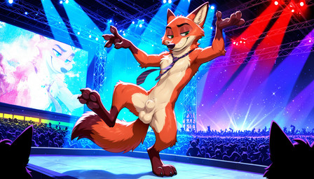 3_toes 4_fingers animal_genitalia anthro audience balls crowd dancing exhibitionism feet fingers fully_sheathed genitals group lidded_eyes male necktie nude public public_nudity screen sheath smile solo spotlight stage stage_lights toes aksel disney zootopia nick_wilde canid canine fox mammal red_fox colorful hi_res