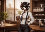 anthro beverage black_body black_fur black_hair black_nose bottomwear breasts brown_body brown_fur building cafe cleavage clothed clothing coffee coffee_cup container cup detailed_background dress_shirt facial_markings female fully_clothed fur furniture green_eyes grey_body grey_fur hair hand_in_pocket head_markings holding_object inside long_sleeves looking_at_viewer markings mask_(marking) necktie pants plant plant_pot pockets shirt short_hair smile solo stable_diffusion standing suspenders table topwear unbuttoned_shirt window yiffymix_(model) malakim mammal procyonid raccoon 2024 half-length_portrait hi_res portrait