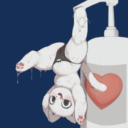anthro bottle clothing cute_fangs female genitals grey_eyes lingerie lotion open_mouth panties pawpads pussy solo tongue tongue_out underwear upside_down wet wet_body white_body orionbonnie lotion_cat_(kekitopu) felid feline mammal hi_res
