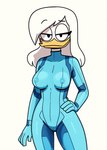 anatid anseriform anthro avian beak bedroom_eyes bird black_eyes bodysuit breasts clothing cloud9999 cosplay costume della_duck disney duck ducktales ducktales_(2017) eyebrows eyeliner female hair hand_on_hip hi_res looking_at_viewer makeup narrowed_eyes nipple_outline non-mammal_breasts raised_eyebrow seductive simple_background skinsuit smile solo tight_clothing white_background white_body white_hair white_skin zero_suit