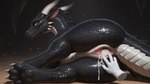 anus black_body black_scales bodily_fluids claws cum cum_in_pussy cum_inside disembodied_hand feet female feral genital_fluids genitals horn leaking_cum looking_at_viewer looking_back lying_on_side mythology nude pussy rear_view scales smile solo spread_pussy spreading tail toes white_body white_scales yellow_eyes warizard dragon mythological_creature mythological_scalie scalie wingless_dragon hi_res
