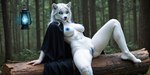 anthro black_sclera blue_eyes blue_nipples blue_pussy breasts cloak_only clothed clothing female genitals lamp nipples outdoors partially_clothed pussy solo spread_legs spreading furryranch felid lion mammal pantherine spirit hi_res