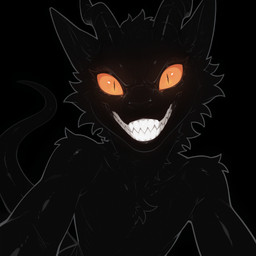 ambiguous_gender angry anthro black_background creepy_smile glowing glowing_eyes horn leaning leaning_forward looking_at_viewer orange_eyes simple_background smile solo tail teeth weytani99 synx hi_res
