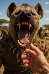 ambiguous_gender anthro blurred_background bodily_fluids clothing day drooling duo fangs first_person_view jewelry light looking_at_viewer male mouth_shot necklace open_mouth outside photorealism photorealistic plant realistic realistic_fur realistic_lighting saliva saliva_string savanna sunlight teeth tongue topwear tree delken gnoll human hyaenid mammal spotted_hyena hi_res