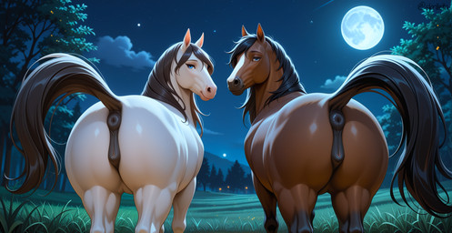all_fours animal_ears animal_genitalia animal_pussy anus black_mane black_tail blue_eyes brown_body butt cloud duo ears_up enjoying equine_anus equine_genitalia equine_pussy eyebrows eyelashes female feral full_moon fur genitals grass inviting light looking_at_viewer looking_back looking_back_at_viewer mane moon moonlight multicolored_body multicolored_fur nature nature_background night nude outside plant presenting presenting_anus presenting_hindquarters presenting_pussy pussy raised_tail rear_view side_by_side sky smile standing star tail take_your_pick tree white_body skrilleth equid equine horse mammal hi_res