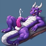 absurd_res anal_juice bodily_fluids clawsome cum cumshot dragon ears_up ejaculation genital_fluids genitals hi_res holding_penis lying male masturbation on_back open_mouth penis purple_body purple_scales ridged_penis scales solo wingless_dragon