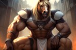 abs abs_muscles anthro armor belt biceps blonde_hair blonde_mane bodily_fluids body_hair bottomwear clothing drooling elden_ring exhausted fantasy fire fire_light fur hair hairy hairy_arms hunched_over leather leather_armor leather_bracers loincloth low-angle_view male mane medieval medieval_armor medieval_fantasy muscular nipples pecs saliva saliva_string scars shoulder_armor shoulder_pads sitting solo solo_focus tan_body tan_fur tan_skin tired vein veiny_arms veiny_biceps veiny_muscles white_clothing peyotecoyote equid equine mammal detailed