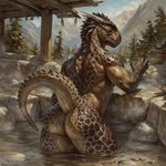 anthro anus argonian bathing butt casual_nudity forest green_body hi_res horn hot_spring looking_at_viewer looking_back looking_back_at_viewer male mountain mountain_range mountains muscular muscular_male nude outdoors outside partially_submerged plant presenting presenting_hindquarters raised_tail rock scales scalie smile solo submerged_legs tree unknown_director water