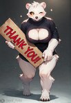 anthro black_sclera breasts cleavage clothed clothing female fur holding_object looking_at_viewer one_eye_closed smile solo sweater text topwear white_body white_fur wink yellow_eyes onyx_tyru mammal polar_bear ursid ursine english_text full-length_portrait hi_res portrait