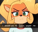 anthro blonde_hair clothing female green_eyes hair long_hair looking_at_viewer simple_background solo text anonymous_director crash_bandicoot_(series) coco_bandicoot mammal marsupial english_text