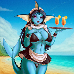 anthro athletic athletic_female balls beach beverage bikini choker clothing cuff_bracelet eyeshadow female flaccid foreskin genitals gynomorph hair intersex jewelry long_hair maid_headdress maid_uniform makeup necklace penis purple_eyes seaside small_balls small_penis solo swimwear thong tray underwear uniform erta_wanderer nintendo pokemon eeveelution generation_1_pokemon pokemon_(species) vaporeon hi_res