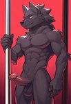 anthro balls big_penis black_body black_fur black_nose dancing erection fur genitals male muscular muscular_anthro muscular_male penis pinup pole pole_dancing pose red_background red_eyes simple_background smile solo thyuy8 i_think_i_like_you leon_(i_think_i_like_you) canid canid_demon canine canis demon hellhound mammal wolf hi_res